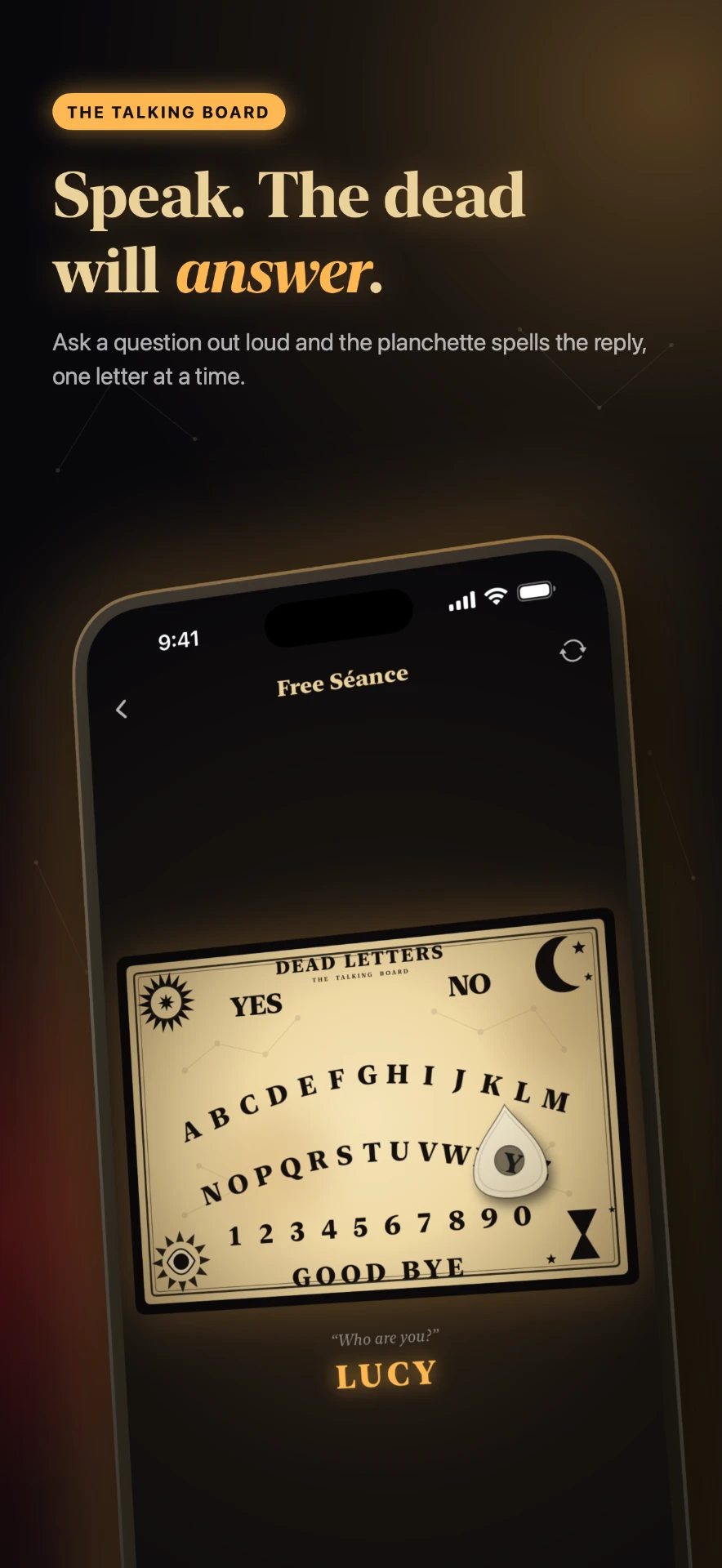 Dead Letters on iPhone: a candle-lit spirit board where the planchette spells LUCY