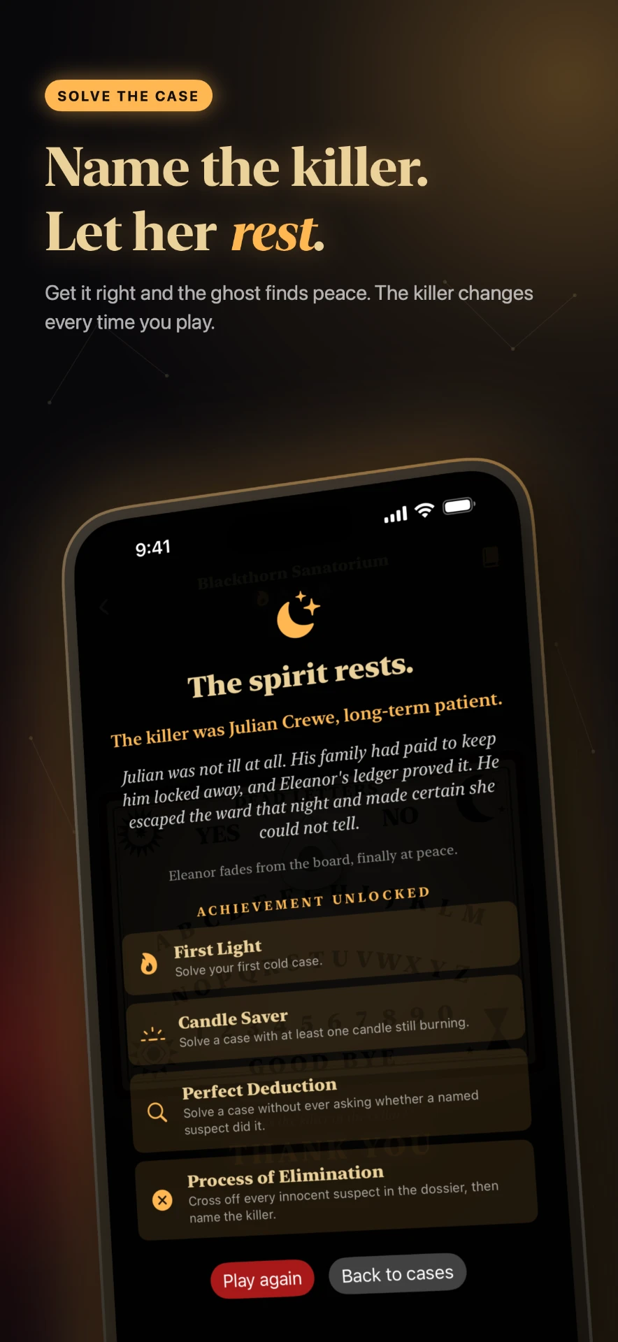 Case solved screen: the spirit rests and achievements unlock