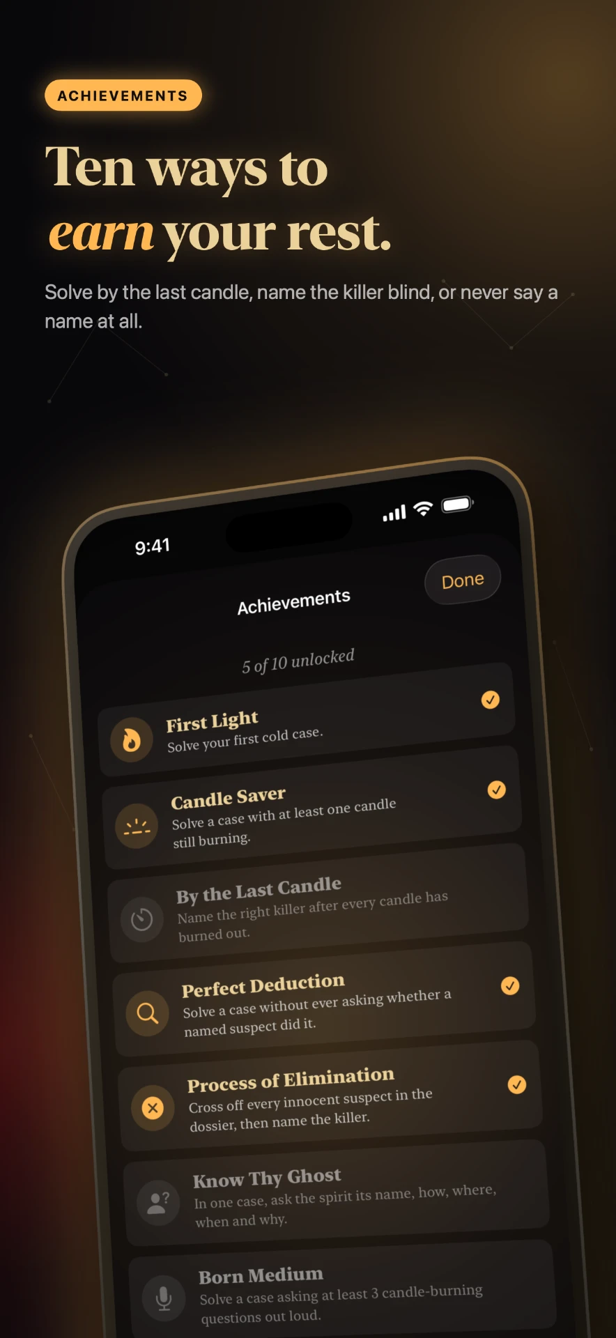 Achievements list showing five of ten unlocked