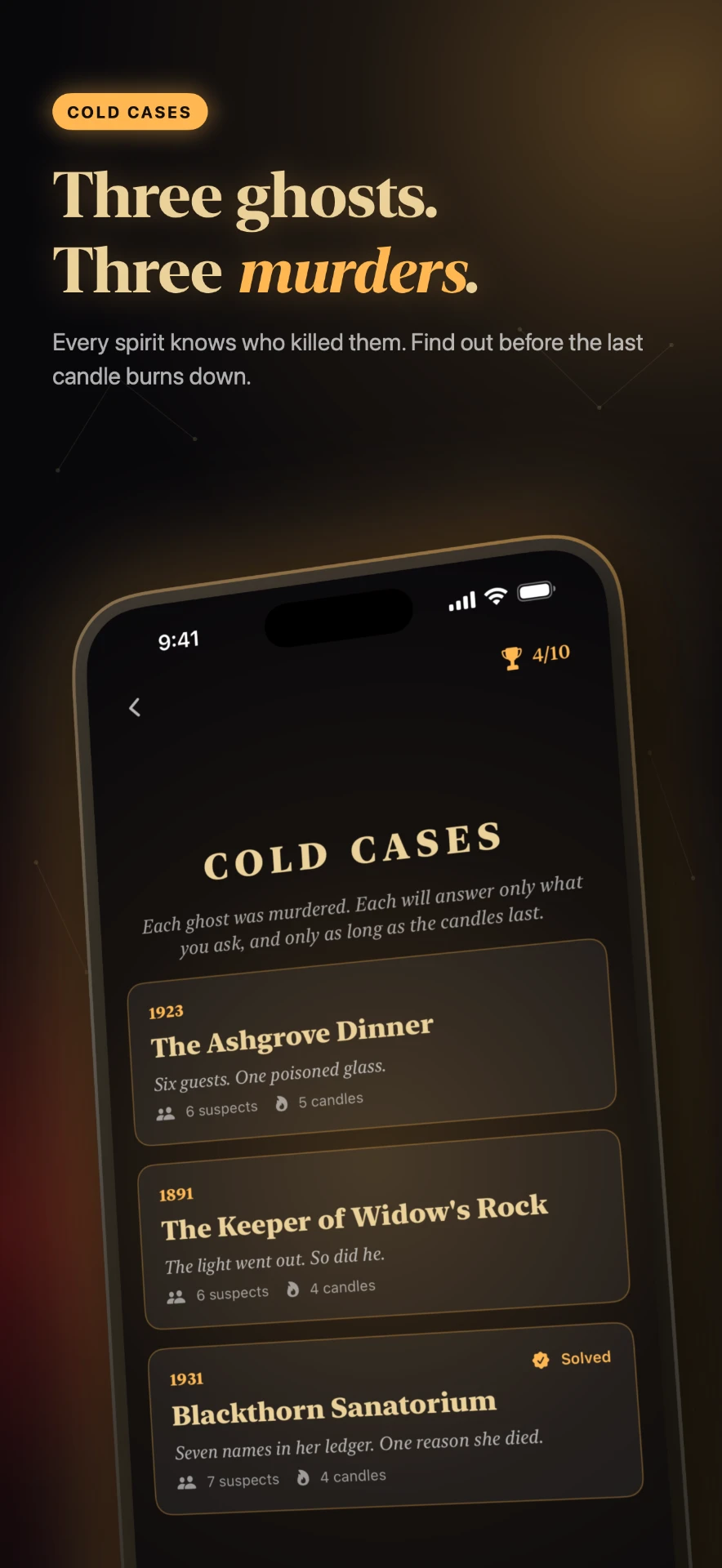Cold Cases menu listing three murders from 1923, 1891 and 1931